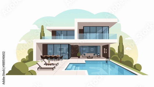 Modern villa with pool and outdoor dining area against a scenic background