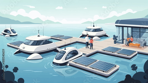 Modern watercraft dock with solar panels and people enjoying leisure time
