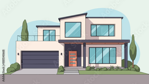 Modern two-story house with large windows, garage, balcony, and landscaping