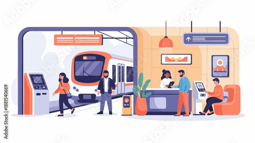 Modern train station with people interacting at kiosks and service desk