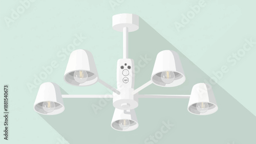 Modern white chandelier with five conical lampshades hangs from ceiling