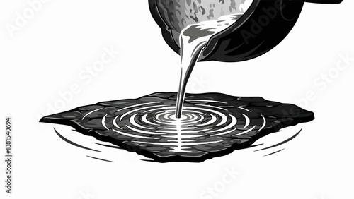 Molten metal poured into a surface creating ripples