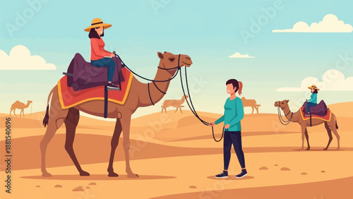 People riding camels in a desert landscape under a blue sky