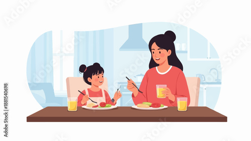 Mother and child enjoy a meal together in a bright kitchen setting