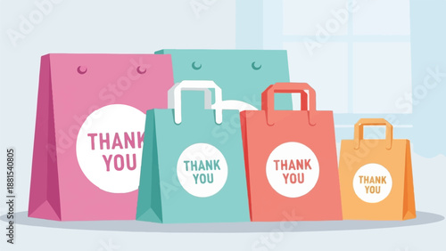 Multiple colorful shopping bags display "Thank You" messages, inviting appreciation