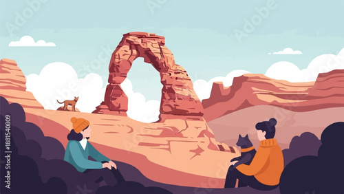 People and dogs enjoy scenic desert rock formations under a cloudy sky