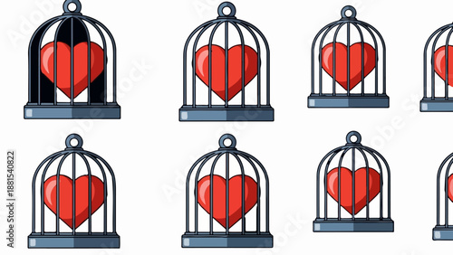 Multiple red hearts trapped inside dark bird cages arranged in rows