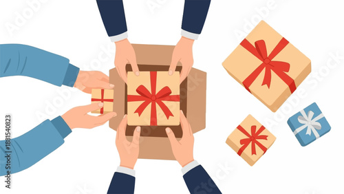 Multiple hands contributing to a central gift box