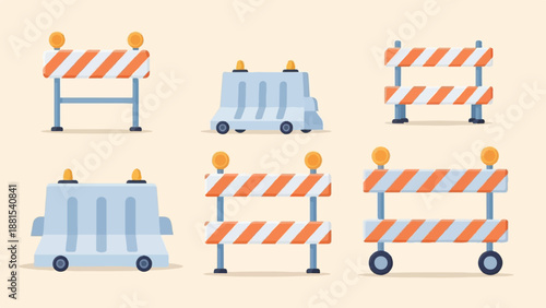 Multiple traffic barriers with flashing lights and warning stripes on a pale background