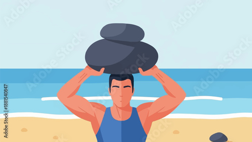 Muscular man balances stones on head at sandy beach by ocean