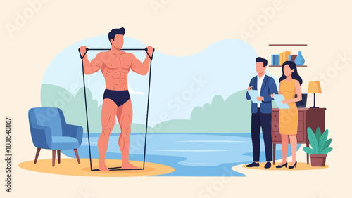 Muscular man exercises with resistance band near water, colleagues observe