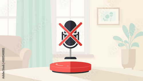 Muted microphone icon on a red circular base in a cozy room