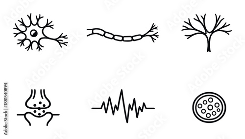 Neural network icons: neuron, synapse, axon, brainwave, neurobiology symbols