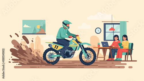 Off-road biker speeds past two women working in an office interior