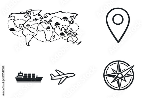 Travel icons: map, location, ship, airplane, compass