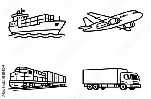 Transportation icons of ship, plane, train, and truck on dark background