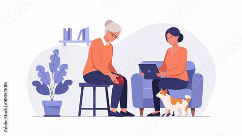 Older woman with knee pain consults with younger woman indoors