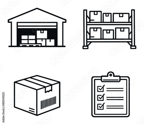 Warehouse and logistics icons featuring storage, inventory, boxes, and checklist