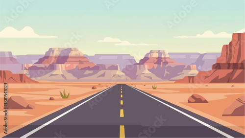 Open asphalt road stretching through a desert canyon landscape under a pastel sky