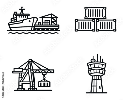 Vector icons of cargo ship, shipping containers, crane, and control tower