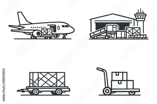 Airplane cargo transport and logistics icons with warehouse and control tower