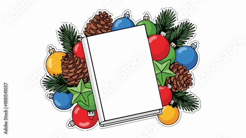 Open book surrounded by festive Christmas ornaments, pinecones, and pine branches
