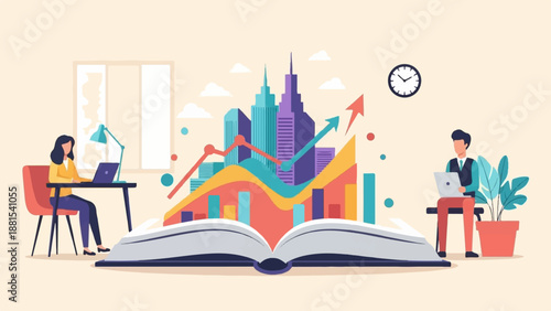 Open book with business growth charts and two people working on laptops
