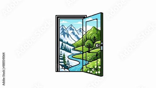 Open door reveals contrasting mountain and meadow landscapes