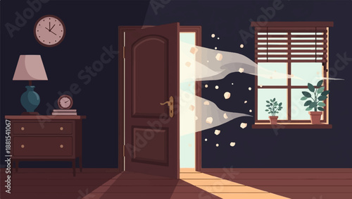 Open door with light and petals blowing in from a window