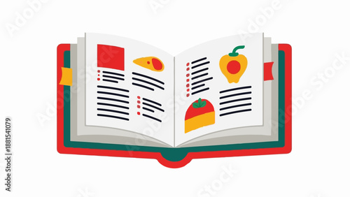 Open cookbook with recipes and illustrations of food items, like peppers