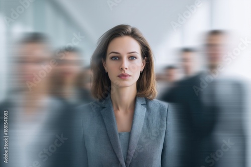 Wallpaper Mural European female accountant standing focused as blurred colleagues rush past in office corridor. Concept portrait illustrating time pressure, deadlines and professional endurance Torontodigital.ca