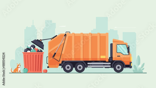 Orange garbage truck empties red bin in front of cityscape and dog