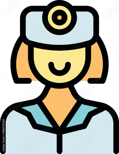 Friendly female doctor with head mirror smiling, providing healthcare services with care and expertise