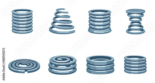 Set of metallic spiral and coil shapes on gradient background