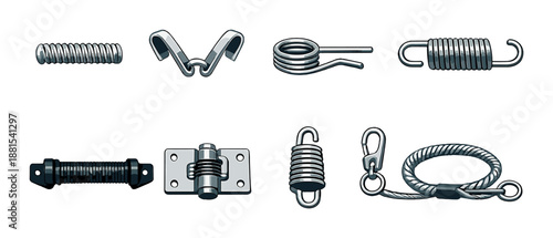 Various metal springs and fasteners on a gray background