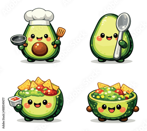Cute cartoon avocados cooking and serving guacamole