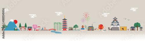 日本の伝統的な建物や風物や行事。四季の風景のイラスト