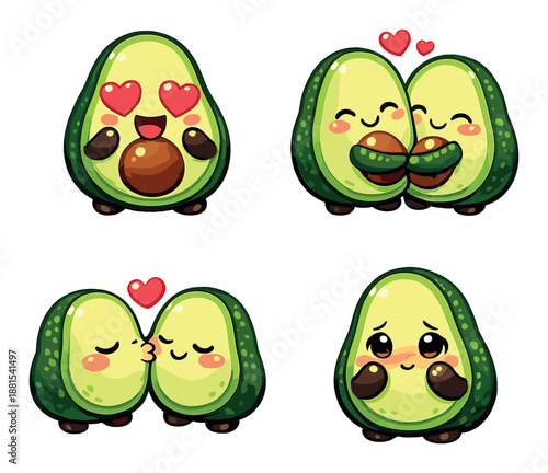 Cute avocado cartoon characters displaying love and affection