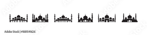 Islamic mosque silhouette icons set for ramadan kareem celebration with different architectural art