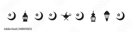 Islamic religion icon set featuring moon with star, various lanterns, and genie lamp silhouettes