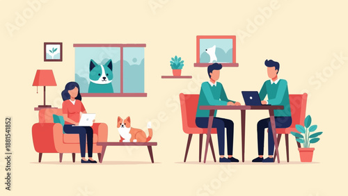 People and dogs working and relaxing at home with technology