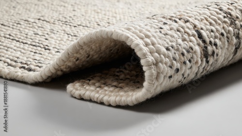 Close up of a tightly woven area rug with natural textures and soft colors