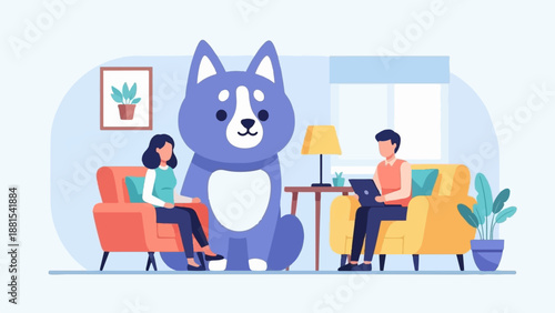 People and giant cartoon dog in a living room