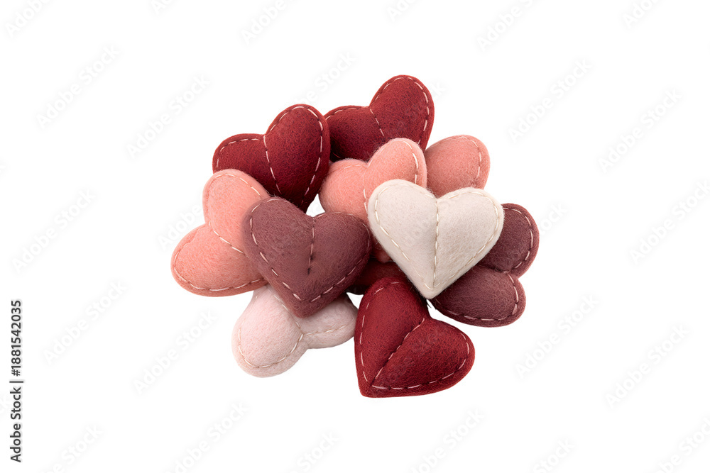 Obraz premium Assorted felt heart decorations with stitched edges, isolated on transparent background