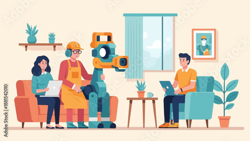 People and robot interact in a modern living room with plants