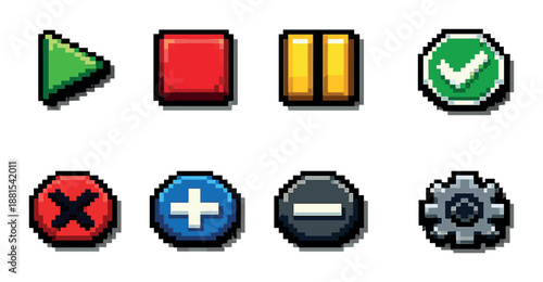 Pixelated game icons: play, stop, pause, check, cross, plus, minus, gear