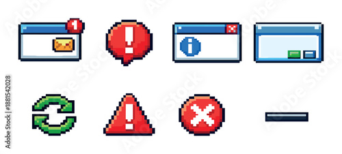 Colorful pixel art notification icons with alert symbols