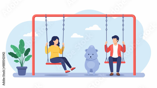 People and teddy bear on a swing set in park