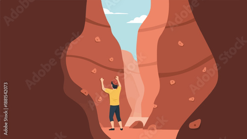 Person climbing a rock face in a canyon