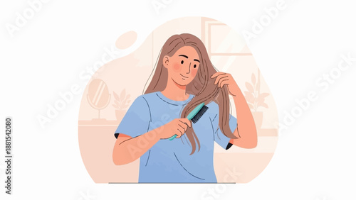Person combing long brown hair with a teal comb in a room